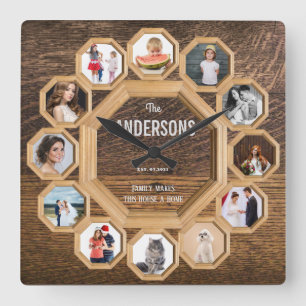 Horloge Carrée Montures en bois collage photo de famille Vintage