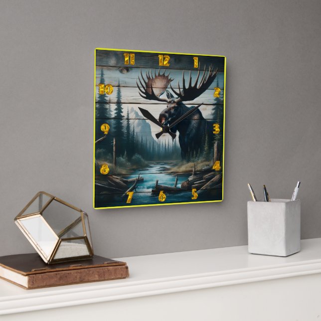 Horloge Carrée Moose majestueuse dans le paysage de la forêt sere (Bureau)