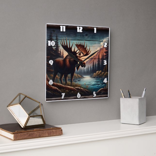Horloge Carrée Moose majestueuse par Tranquil Mountain Stream (Bureau)