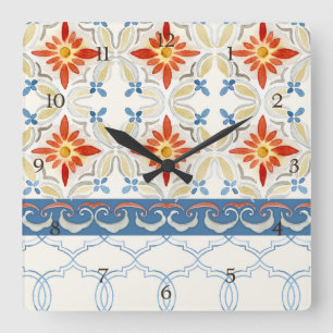 Horloge Carrée Moroccan Quatrefoil Tile Floral Pattern Watercolor