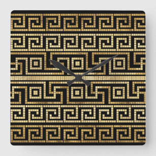 Horloge Carrée Mosaïque grecque méandre grecque clé noire et or