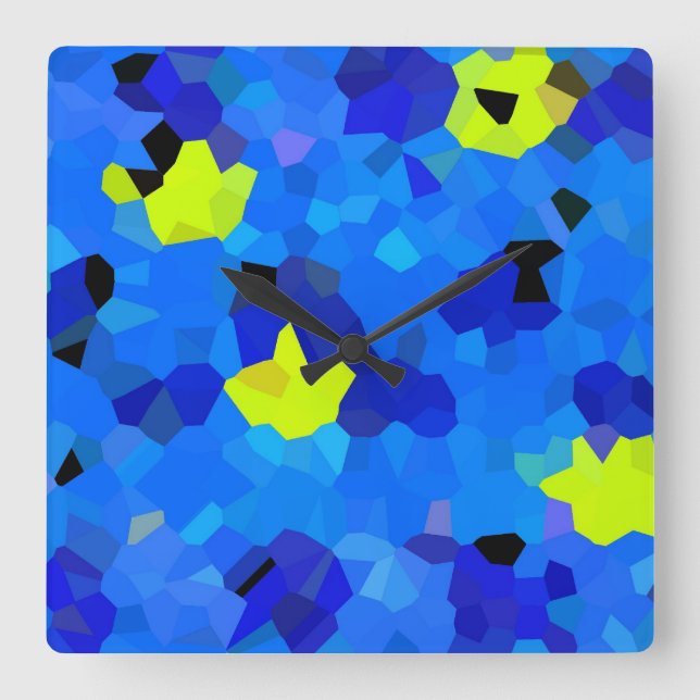 Horloge Carrée Mosaïques bleu et jaune (Recto)