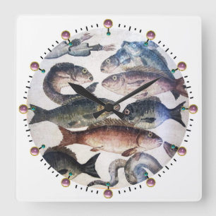 HORLOGE CARRÉE MOSAÏQUES ROMAINES ANTIQUES, POISSONS, ESPACE DE V