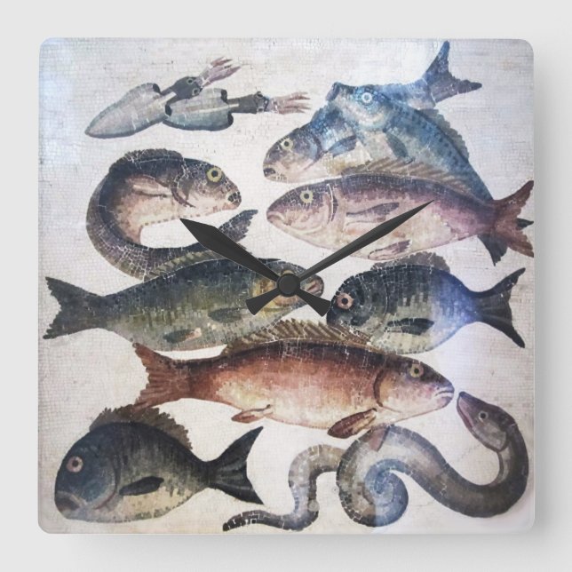 HORLOGE CARRÉE MOSAÏQUES ROMAINES ANTIQUES, POISSONS, ESPACE DE V (Recto)