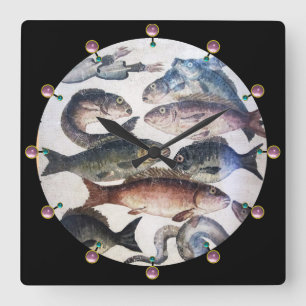 HORLOGE CARRÉE MOSAÏQUES ROMAINES ANTIQUES, POISSONS, ESPACE DE V