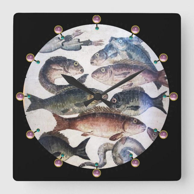 HORLOGE CARRÉE MOSAÏQUES ROMAINES ANTIQUES, POISSONS, ESPACE DE V (Recto)