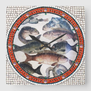 HORLOGE CARRÉE MOSAÏQUES ROMAINES ANTIQUES, POISSONS, SCÈNE DE
