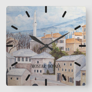 Horloge Carrée Mostar, Bosnie - Peinture des paysages urbains acr