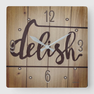 Horloge Carrée Mot graphique de cuisine DELISH Rustique Brown