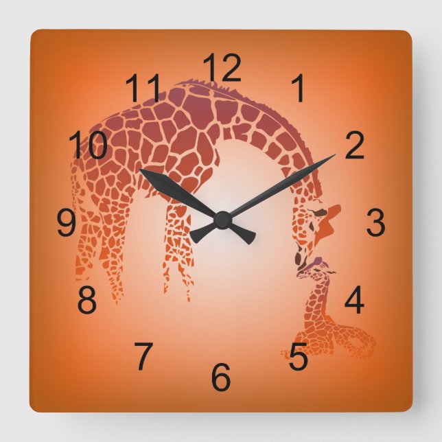 Horloge Carrée Mother and Cute Baby Giraffe | tangerine (Recto)