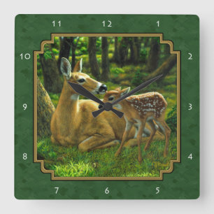 Horloge Carrée Mother Deer and Fawn Forest Green