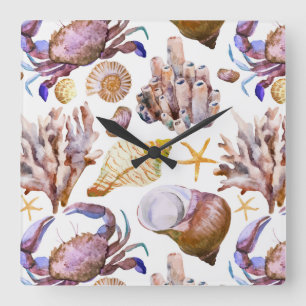 Horloge Carrée Motif 4 de vie marine d'aquarelle