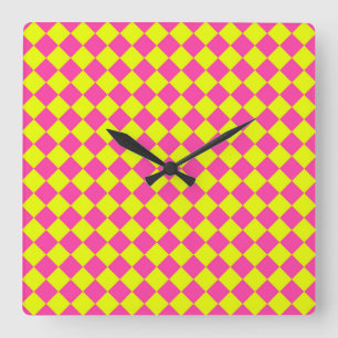 Horloge Carrée Motif à carreaux diamant rose jaune
