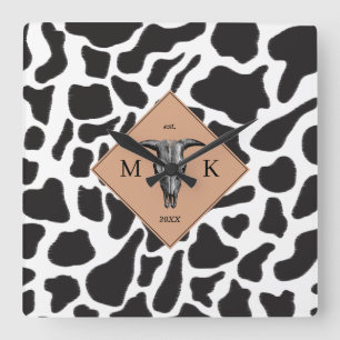 Horloge Carrée Motif animal noir et blanc Vache tache Monogramme