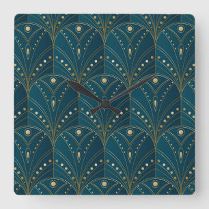 Horloge Carrée Motif Art Déco avec des formes géométriques dorées