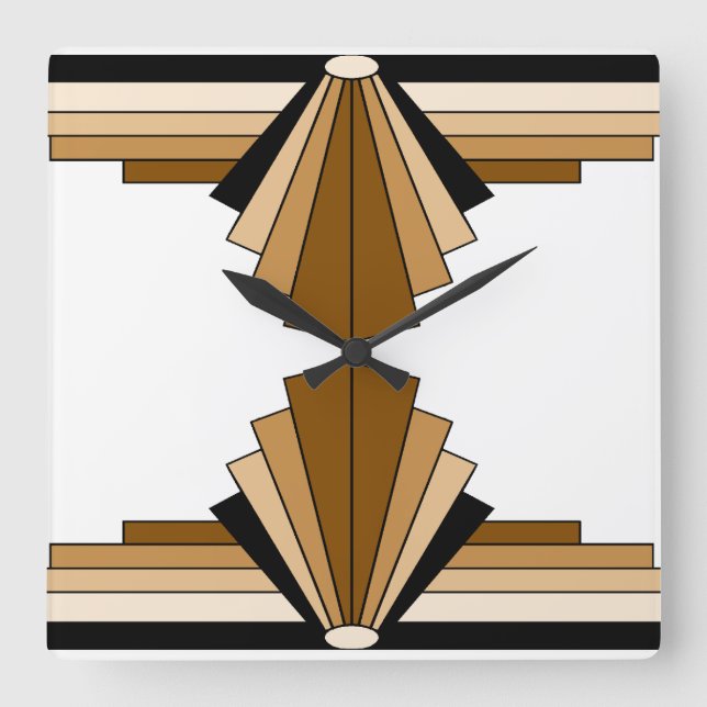 Horloge Carrée Motif Art Déco en Brown, Tan et Noir (Recto)