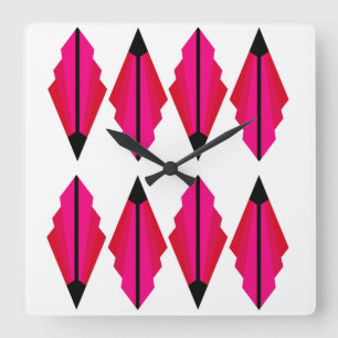 Horloge Carrée Motif Art déco en Carré rouge et rose Clo