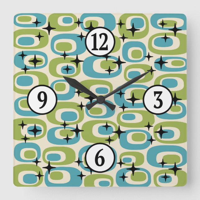 Horloge Carrée Motif atomique moderne du milieu du siècle (Recto)