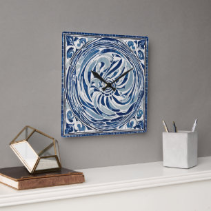 Horloge Carrée Motif blanc bleu tourbillon 02