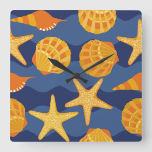 Horloge Carrée Motif bleu et orange de coquillage