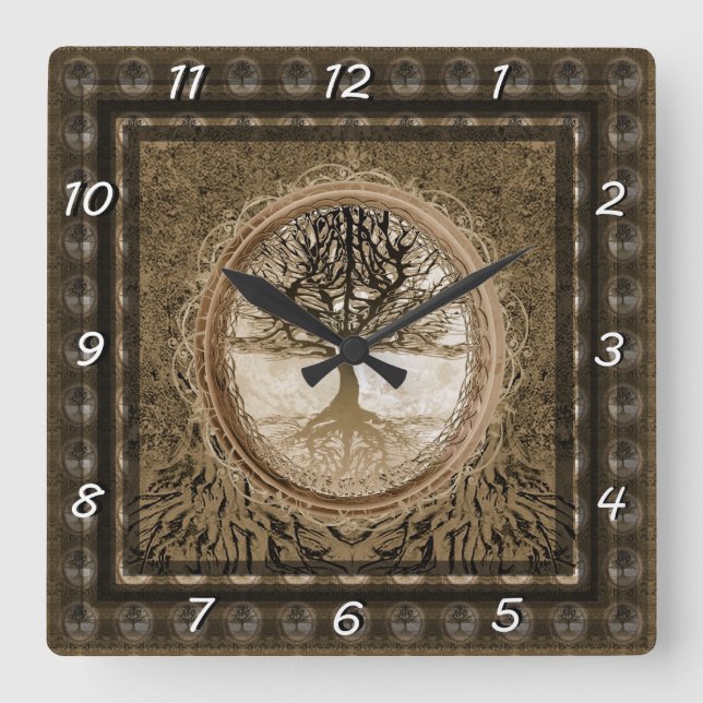 Horloge Carrée Motif Brown de l'arbre de vie (Recto)