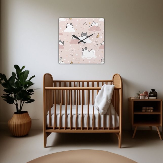Horloge Carrée Motif chaton rose pâle (Gentle Cute Pink Pattern Kitten Cloud Square Wall Clock)