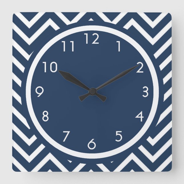 Horloge Carrée Motif chevron zigzag bleu marine (Recto)