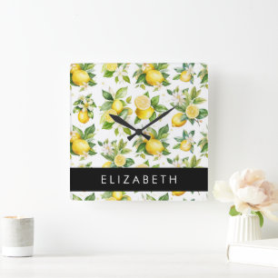 Horloge Carrée Motif citron, Fleurs de citron, Feuilles, Votre No