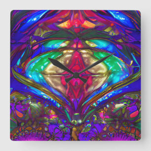 Horloge Carrée Motif classique en verre de couleur bleu, vert, ro