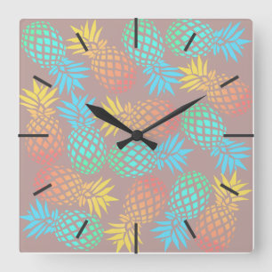 Horloge Carrée motif coloré tropical d'ananas d'été élégant