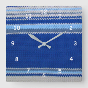 Horloge Carrée Motif Crochet - rayures bleues