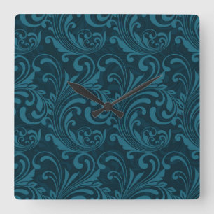 Horloge Carrée Motif damassé floral sarcelle foncé
