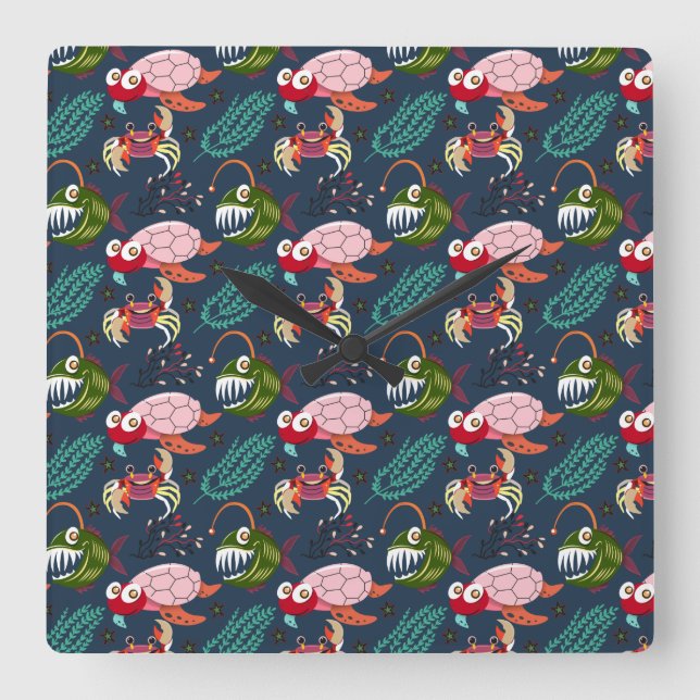 Horloge Carrée Motif d'animaux aquatiques | vie sous-marine en me (Recto)