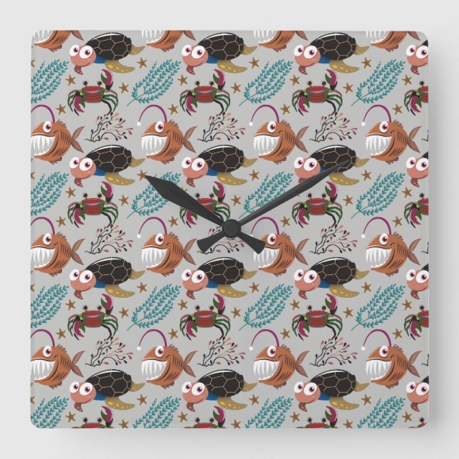 Horloge Carrée Motif d'animaux aquatiques | vie sous-marine en me (Recto)