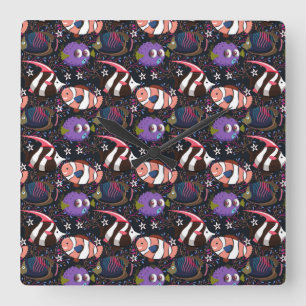 Horloge Carrée Motif d'animaux aquatiques   vie sous-marine océan