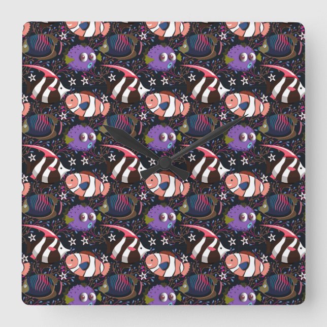 Horloge Carrée Motif d'animaux aquatiques | vie sous-marine océan (Recto)