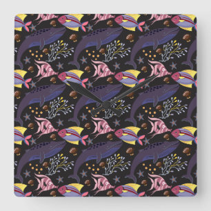 Horloge Carrée Motif d'animaux aquatiques   vie sous-marine océan