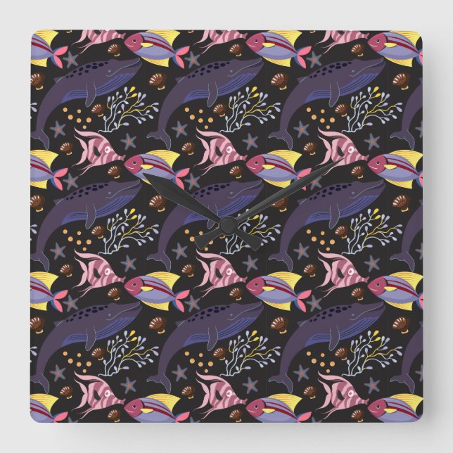 Horloge Carrée Motif d'animaux aquatiques | vie sous-marine océan (Recto)
