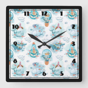 Horloge Carrée Motif d'aquarelle de la belle baleine nautique