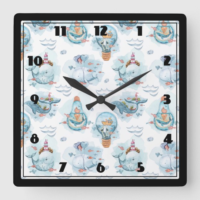Horloge Carrée Motif d'aquarelle de la belle baleine nautique (Recto)