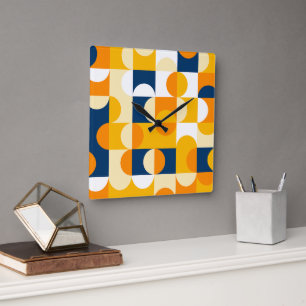 Horloge Carrée Motif d'art rétro orange jaune bleu marine foncé