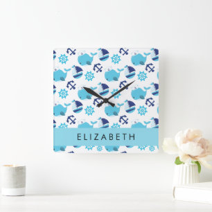 Horloge Carrée Motif De Baleines, Baleines Bleues, Votre Nom
