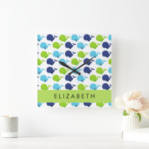 Horloge Carrée Motif De Baleines, Beaux Baleines, Votre Nom