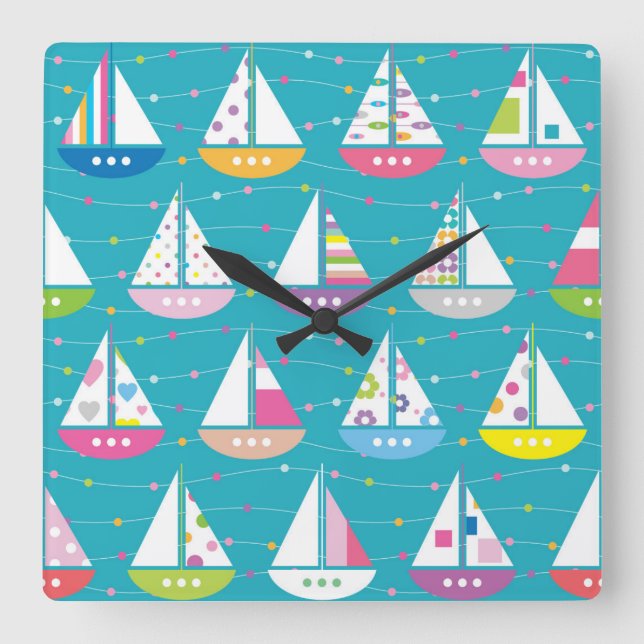 Horloge Carrée Motif de bateau à voile Pastel (Recto)