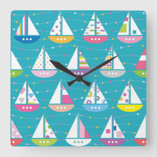 Horloge Carrée Motif de bateau à voile Pastel