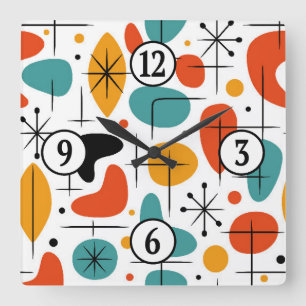 Horloge Carrée Motif de burst en style Mid Century Modern