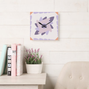 Horloge Carrée Motif de carrelage décoratif pastel violet