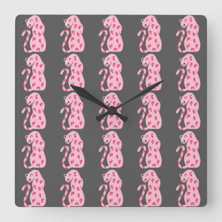 Horloge Carrée Motif de chat rose sur Arrière - plan gris