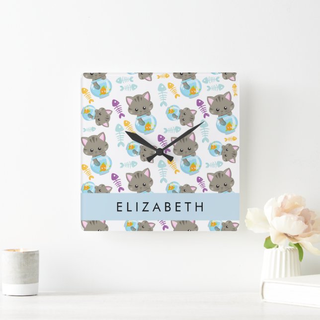 Horloge Carrée Motif De Chats, Chats Mignons, Chatons, Votre Nom (Maison)