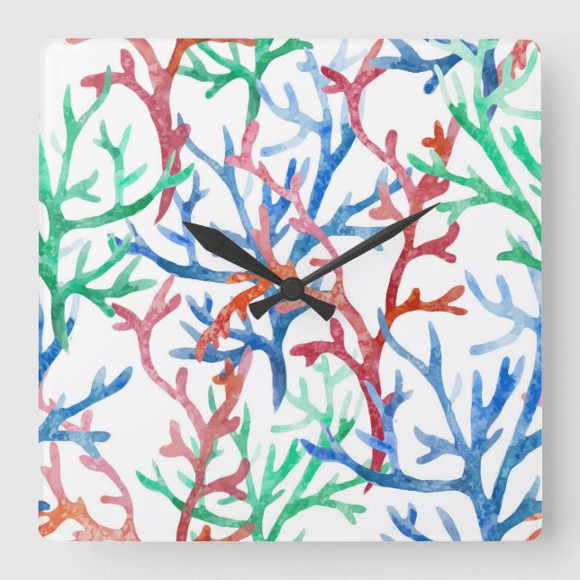 Horloge Carrée Motif de corail d'aquarelle (Recto)